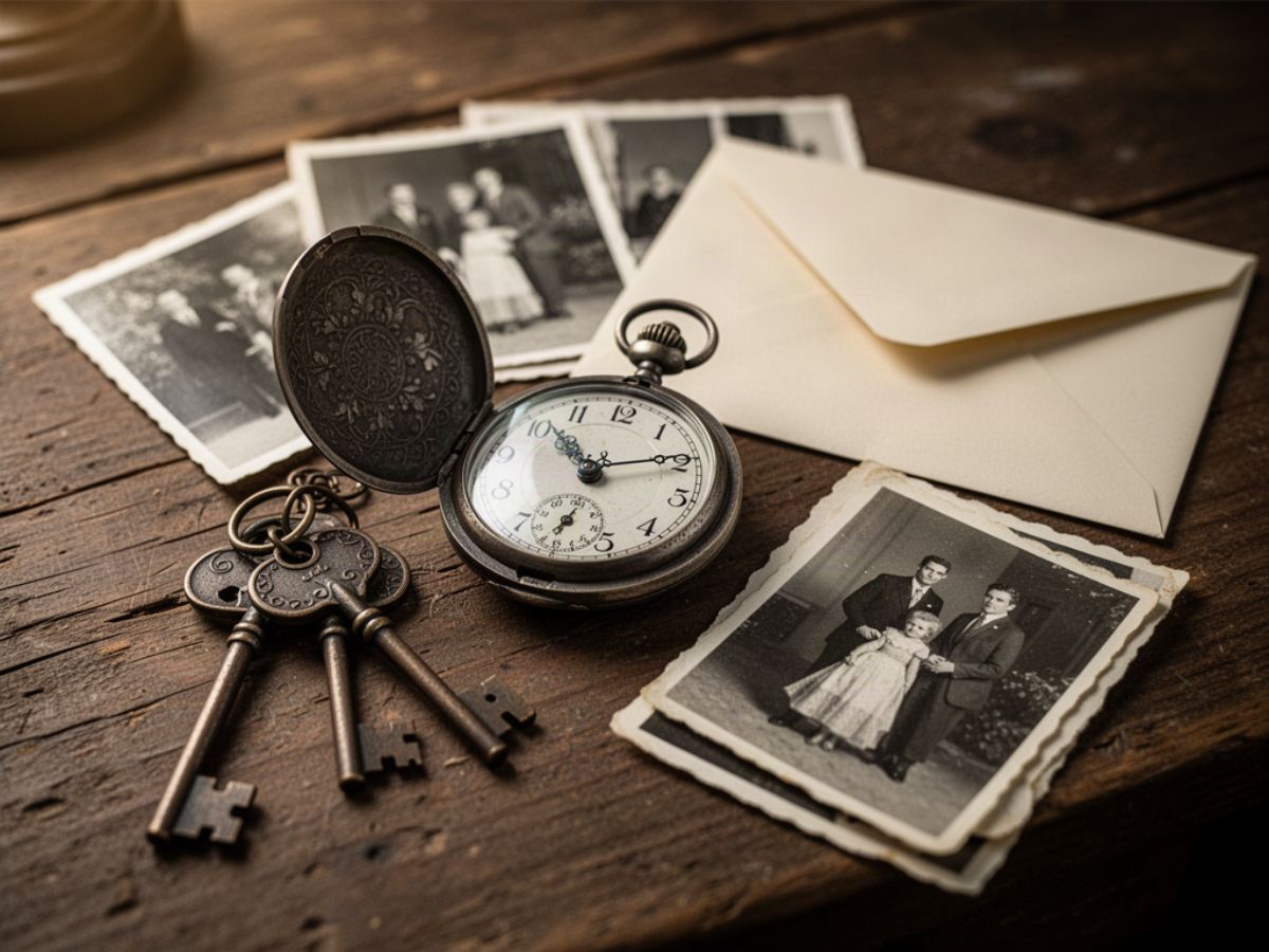Reloj de bolsillo, llaves antiguas y fotografías sobre una mesa
